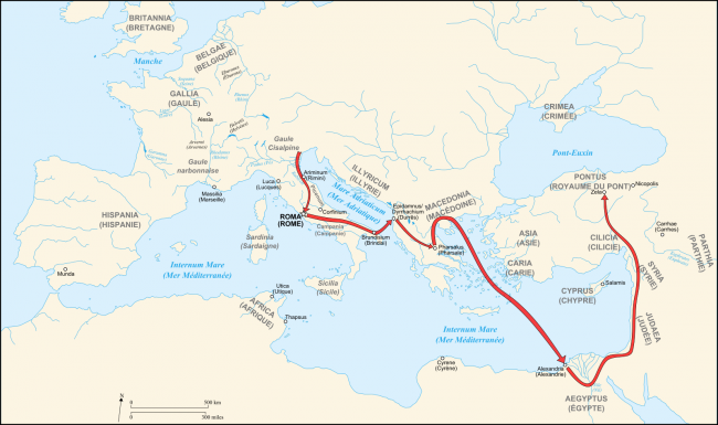 Map of Caesar's campaigns from Rome to Zela (49-47 BC)