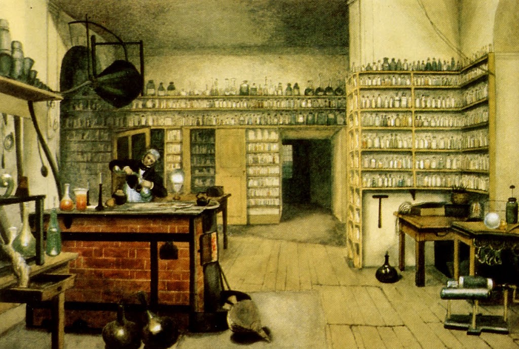 Michael Faraday (1791 - 1867) in his laboratory Painting by Harriet Moore