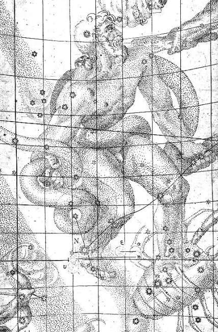 Johannes Kepler's original drawing from De Stella Nova (1606) depicting the location of the stella nova, marked with an N (8 grid squares down, 4 over from the left)