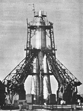 Sputnik 1 on board the Sputnik launch vehicle before launch