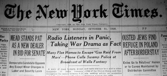 Headline of the New York Times from Oct, 31, 1938 about Orson Welles' 'War of the Worlds'