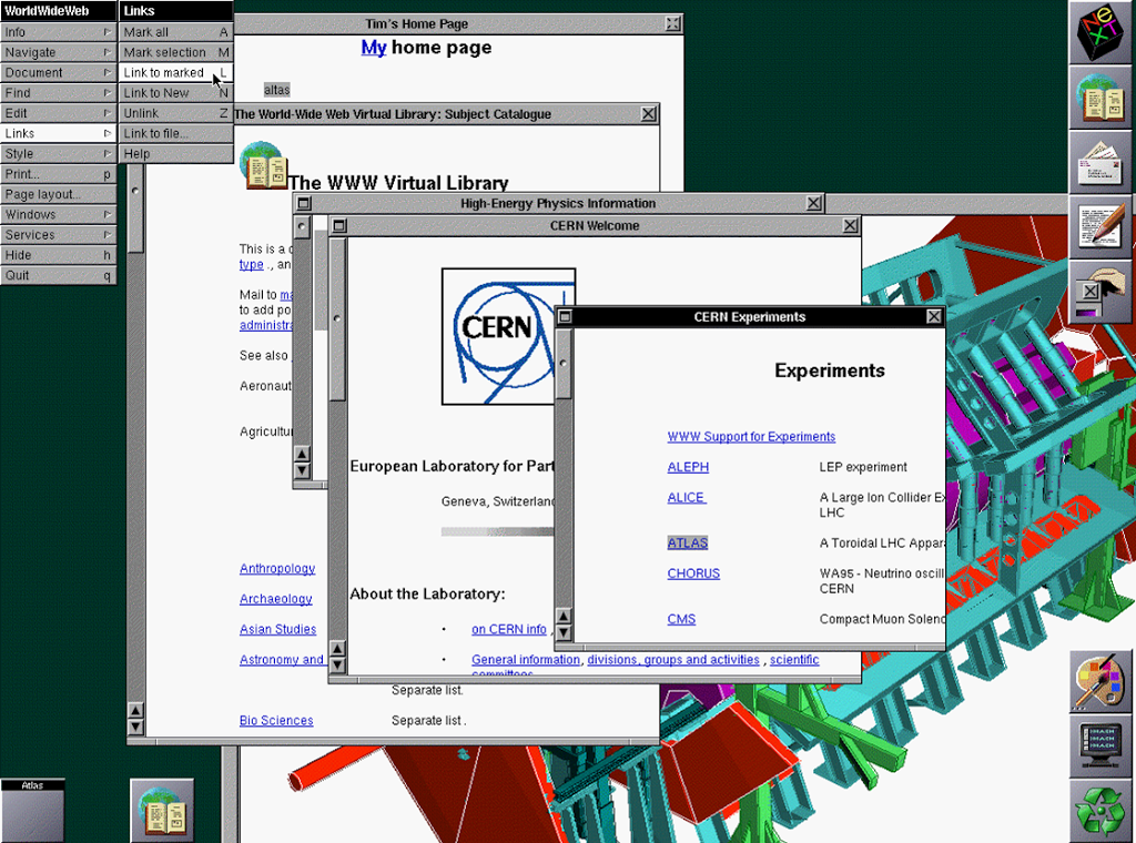 The very first web pages (1990) in the very first browser