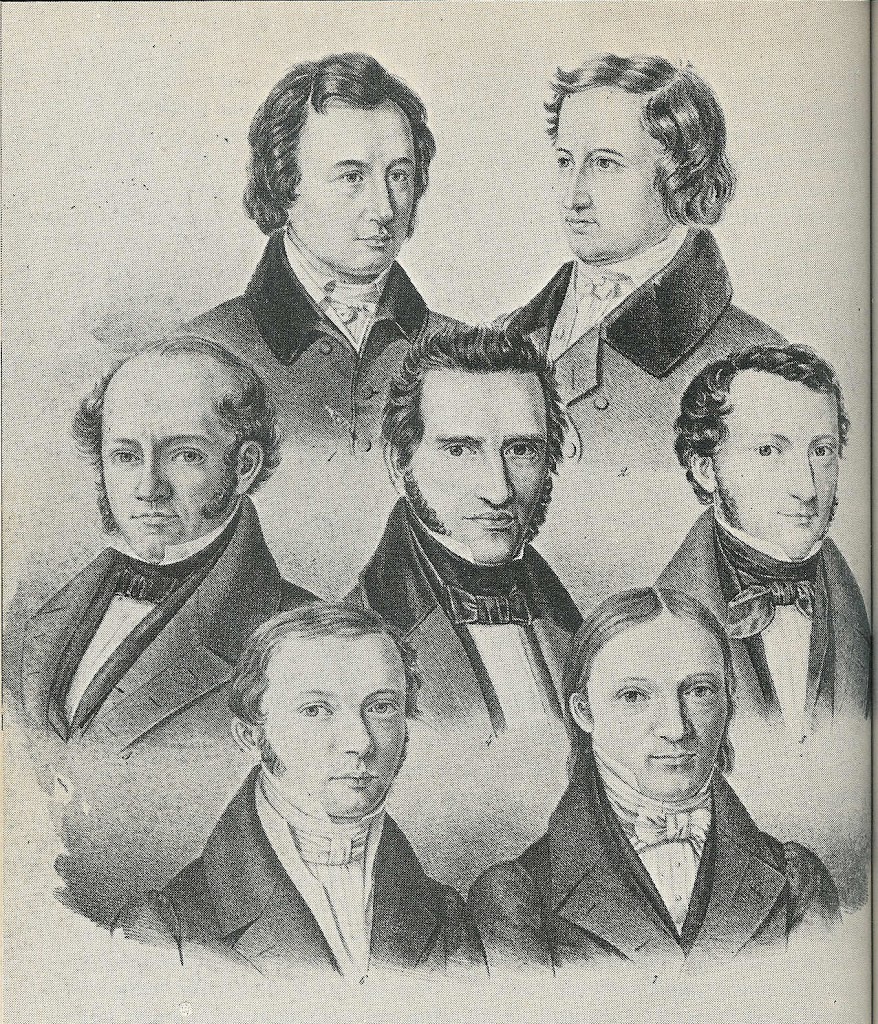 The Göttingen Seven. Top row: Wilhelm Grimm, Jacob Grimm. Middle Row:Wilhelm Eduard Albrecht, Friedrich Christoph Dahlmann, Georg Gottfried Gervinus. Bottom Row:Wilhelm Eduard Weber, Heinrich Georg August Ewald.