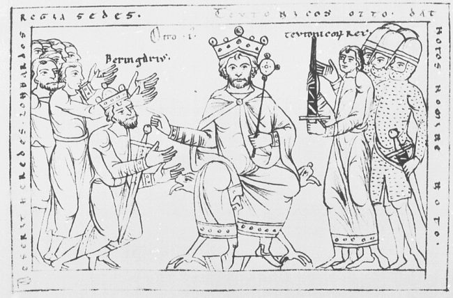 Otto I, Holy Roman Emperor's victory over Berengar, winning Italy, drawing in the Chronicle of Otto von Freising (Manuscriptum Mediolanense), Schäftlarn, before 1177