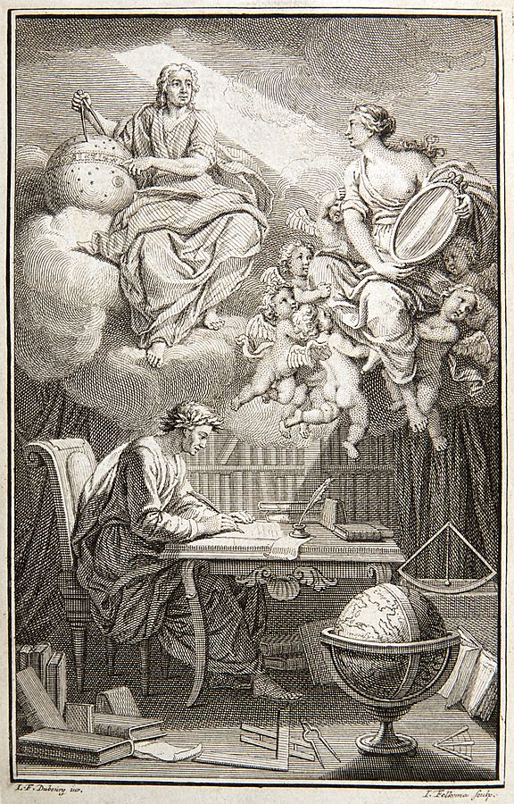 In the frontispiece to Voltaire's book on Newton's philosophy, Émilie du Châtelet appears as Voltaire's muse, reflecting Newton's heavenly insights down to Voltaire