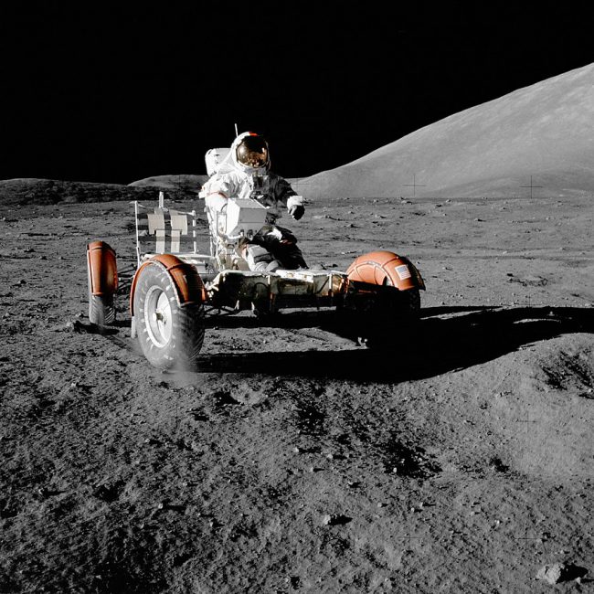 Eugene Cernan aboard the Lunar Rover during the first EVA of Apollo 17