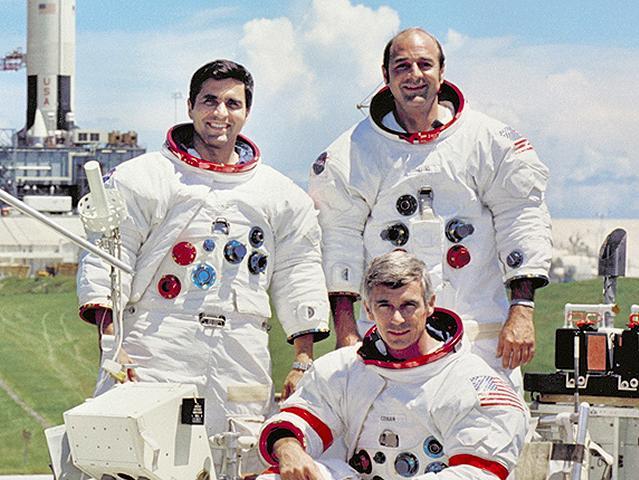 Apollo 17: Commander, Eugene A. Cernan (seated), Command Module pilot Ronald E. Evans (standing on right), and Lunar Module pilot, Harrison H. Schmitt