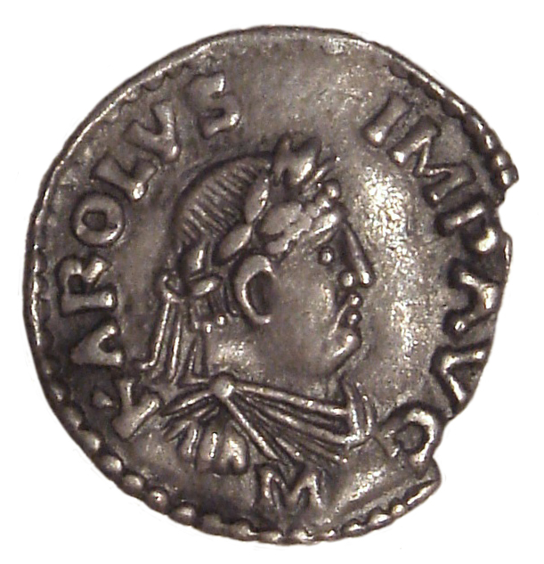 Obverse of a Charlemagne denier coined in Frankfurt from 812 to 814