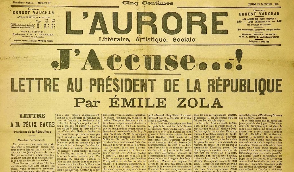 Title page with Émile Zola's famous public letter 'J'accuse...!'