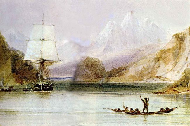 HMS Beagle in the seaways of Tierra del Fuego, painting by Conrad Martens