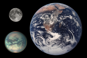 Saturn Moon Titan (lower left) comparison to Earth and Earth's Moon. Image by NASA