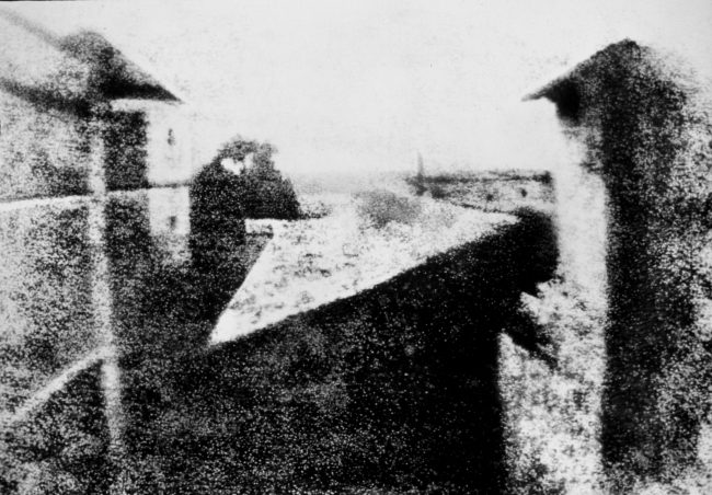 Enhanced version of Niépce's View from the Window at Le Gras (1826 or 1827), the earliest surviving photograph of a real-world scene, made using a camera obscura