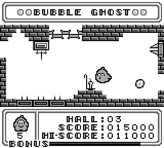 Level 3 screenshot of the Game Boy video game Bubble Ghost. Game Boy version released in 1990, author: Christophe Andréani.