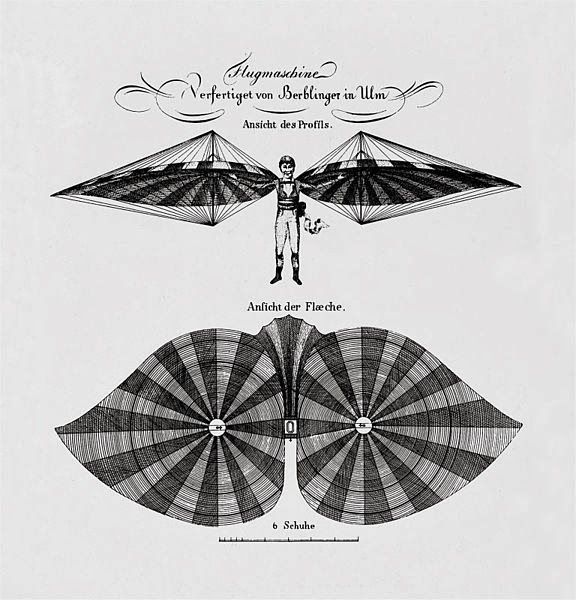 Construction design of the plane of Albrecht Berblinger, a flight pioneer called "Schneider von Ulm" (tailor from Ulm), 1811