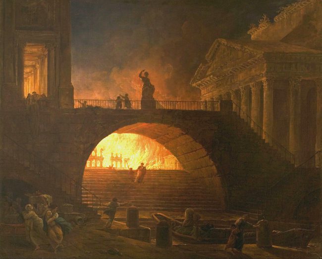 Fire in Rome by Hubert Robert. A painting of the fire burning through Rome.