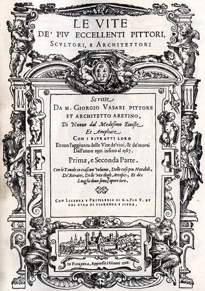 Title of the second edition of Le Vite (woodcut by Giorgio Vasari), Florence (Giunti) 1568.