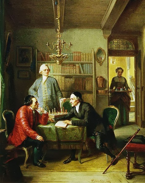 Lessing and Lavater as guests in the home of Moses Mendelssohn. Painting by Moritz Oppenheim (1856)