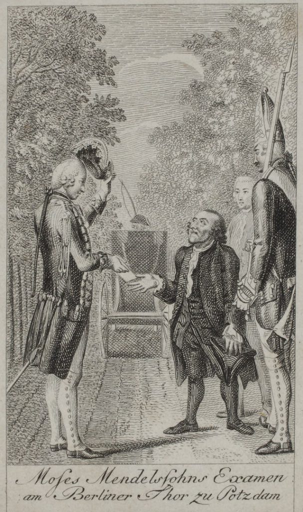 Copper engraving by Daniel Chodowiecki: Moses Mendelssohn is examined at the Berliner Tor zu Potsdam, 1792. Middle Mendelssohn, who hands over his papers to the Prussian officer for control.