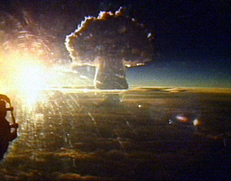 The mushroom cloud of Tsar Bomba seen from a distance of 161 km (100 mi). The crown of the cloud is 65 km (40 mi) high at the time of the picture.(source: Rosatom State Corporation Communications Department 20-08-2020)