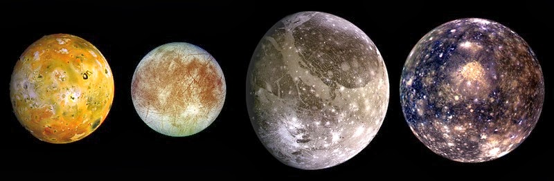 Montage of Jupiter’s four Galilean moons, in a composite image from top to bottom: Io, Europa, Ganymede, Callisto ©NASA