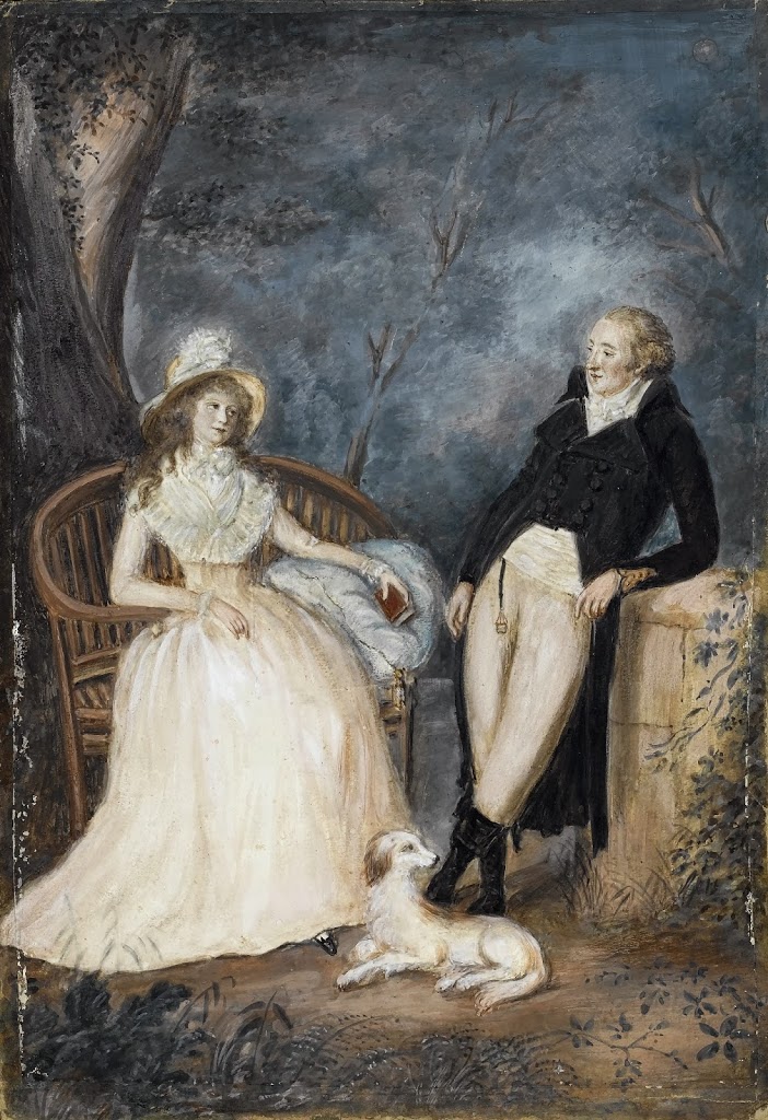 Goethe and Charlotte von Stein in conversation (according to Bonhams auction house). German School, late 18th Century. Watercolour on card
