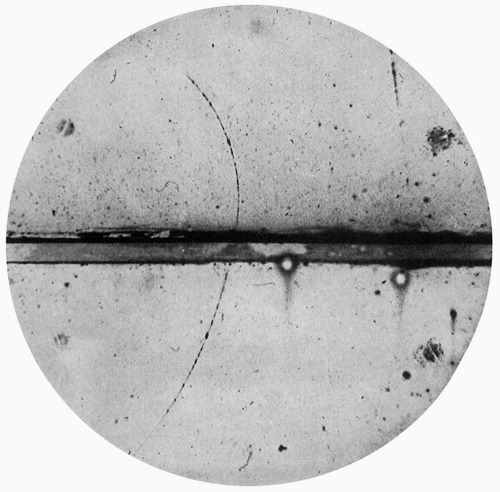 Photo by Carl Anderson of the first positron ever observed, photographed on August 2, 1932