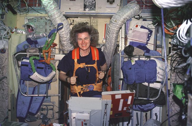 Astronaut Shannon Lucid exercises on a treadmill which has been assembled in the Russian Mir space station Base Block module.