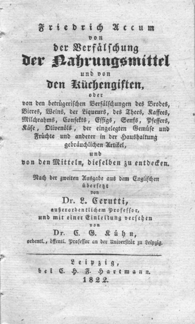 Title page: "Von der Verfälschung der Nahrungsmittel und von den Küchengiften", 1822