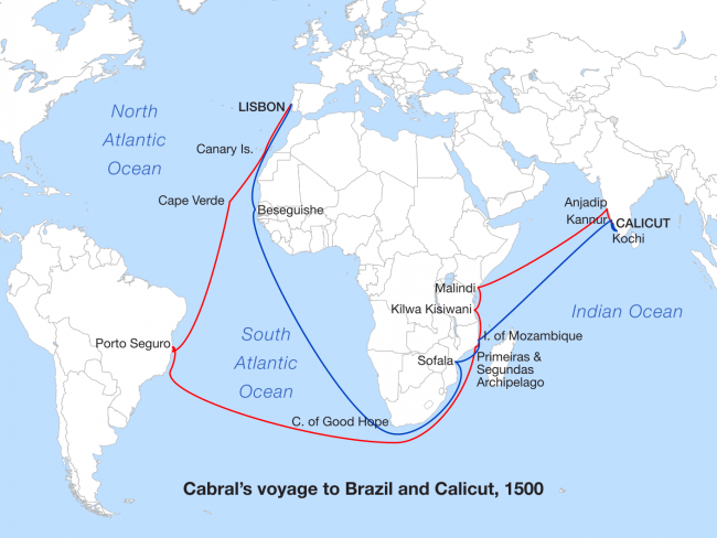 Route taken by Cabral from Portugal to India in 1500 (in red), and the return route (in blue)