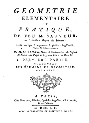 Frontpage of Geometrie (1753) by Joseph Sauveur, edited and augmented by Guillaume Le Blond