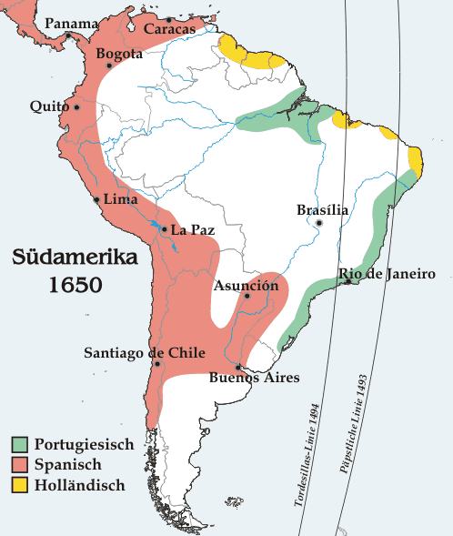 The meridian to the right was defined by Inter caetera, the one to the left by the Treaty of Tordesillas. Modern boundaries and cities are shown for purposes of illustration.