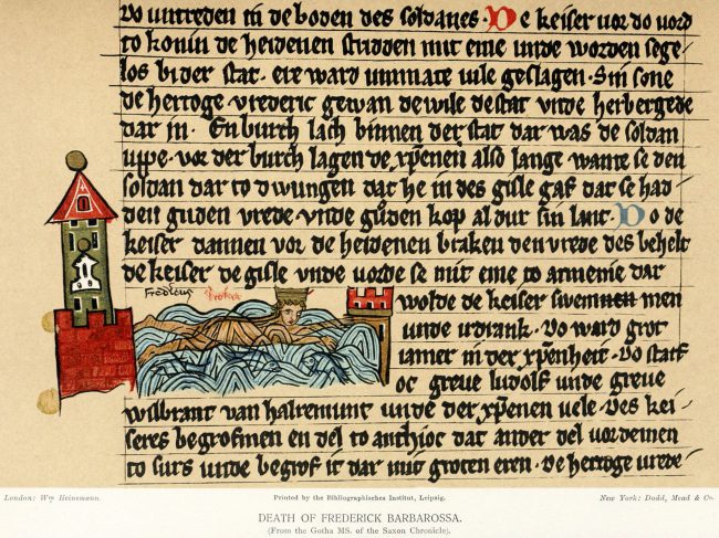 Barbarossa drowns in the Saleph, from the Gotha Manuscript of the Saxon World Chronicle
