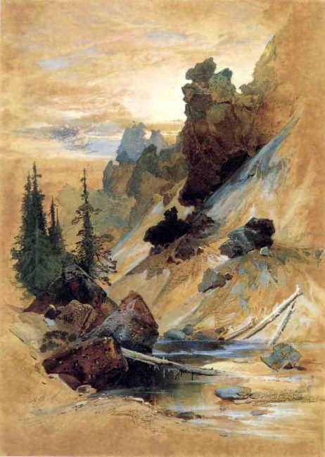 Thomas Moran, a guest artist on the expedition, painted The Devil's Den on Cascade Creek.