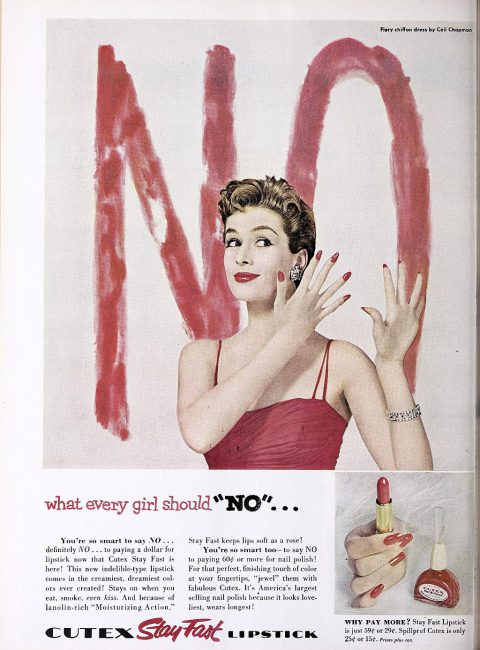 Cutex Stay-Fast Lipstick ad, 1954. Fiery chiffon dress by Ceil Chapman.