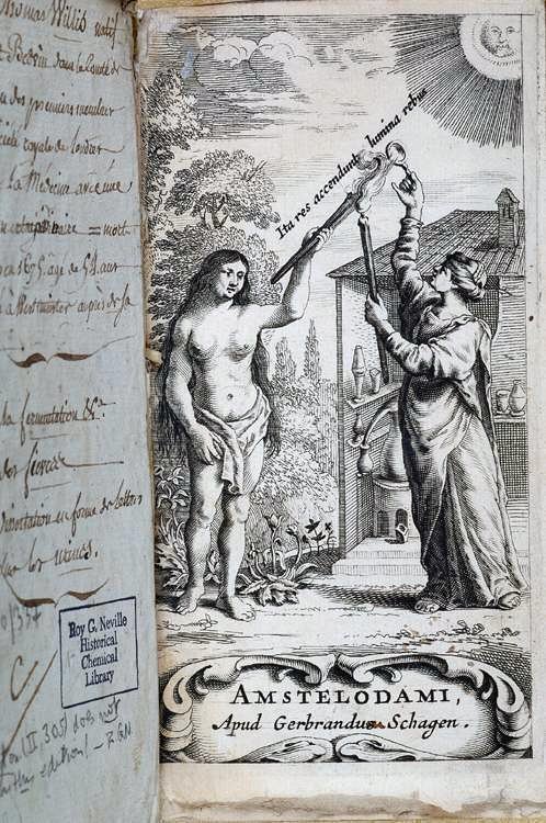 Frontispiece to Thomas Willis' 1663 book "Diatribae duae medico-philosophicae – quarum prior agit de fermentatione"