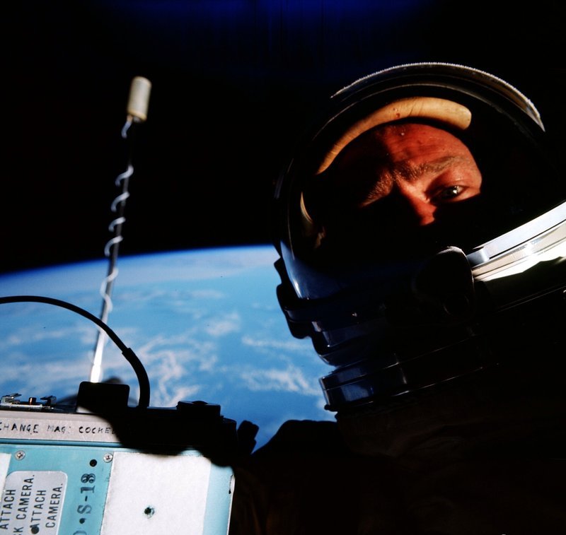First known EVA selfie taken by Buzz Aldrin in 1966