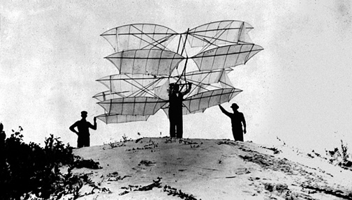 A twelve-winged glider of Chanute's design, prepared for launch from the dunes of Miller Beach in 1896.