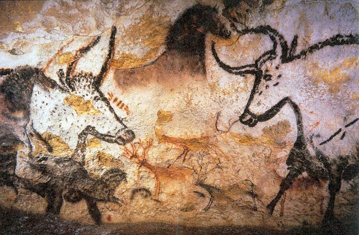 Cave Paintings: Aurochs, horses, and deer at Lascaux (wikipedia)