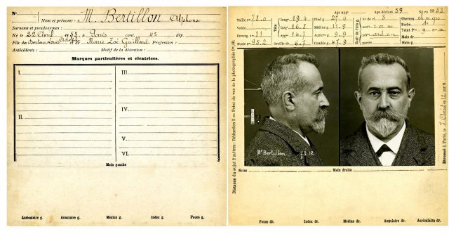 Anthropometric data sheet (both sides) of Alphonse Bertillon (1853-1914), a pioneer of the Scientific Police, inventor of anthropometry, first head of the Forensic Identification Service of the Prefecture de Police in Paris (1893).