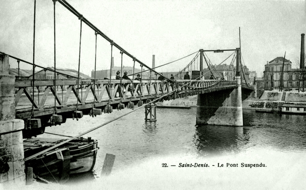 Suspension Bridge over the river Seine connecting Saint-Denis and l'Île Saint-Denis, constructed in 1844 by Marc Seguin and his brothers