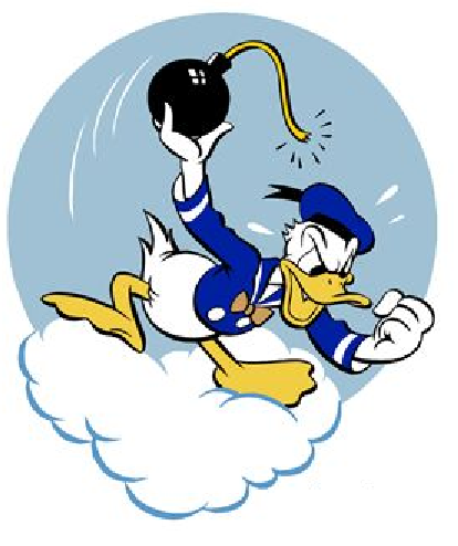 Donal Duck in the emblem of the 531st Bombardment Squadron (World War II) Datum1944 Quelle Mauer, Mauer (1969), Combat Squadrons of the Air Force, World War II, Air Force Historical Studies Office, Maxwell AFB, Alabama.