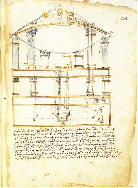 Hero of Alexandria, Automata 13: Sketch of an automaton, a wine and milk dispensing Bacchus figure in a small temple. The figure is connected by invisible tubes to hidden wine and milk containers, which allow wine and milk to flow into the thyrsos rod through the opening of valves. The drawing shows the vascular chambers, pipes and valves. Venice, Biblioteca Nazionale Marciana,