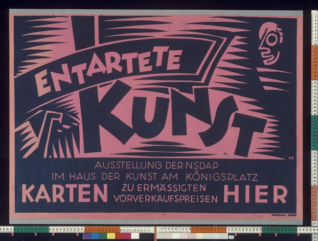 ntartete Kunst, poster for the 1938 exhibition in the house of art at Koenigsplatz in Munich