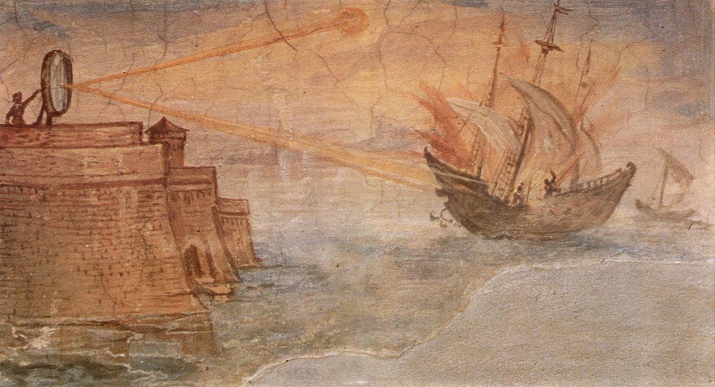 Artistic interpretation of Archimedes' mirror used to burn Roman ships, by Giulio Parigi, 16th century