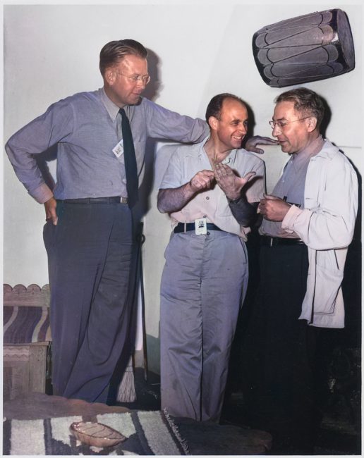 Atomic physicists Ernest O. Lawrence (left), Enrico Fermi (center), and Isidor Rabi