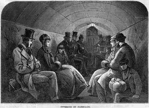 Interior of the Tower Subway carriage. From the Illustrated London News, 1870.
