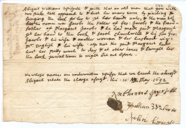 The deposition of Abigail Williams v. George Jacobs, Sr.
