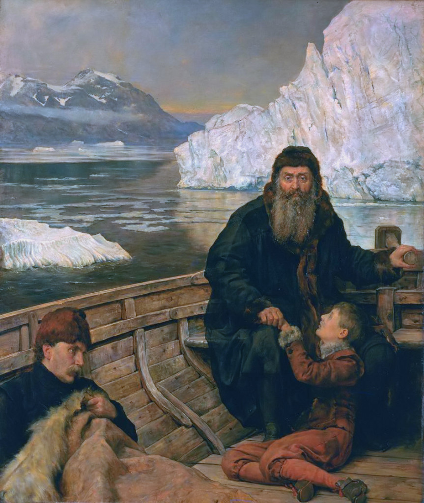 John Collier's painting of Henry Hudson with his son and some crew members after a mutiny on his icebound ship. (1881)