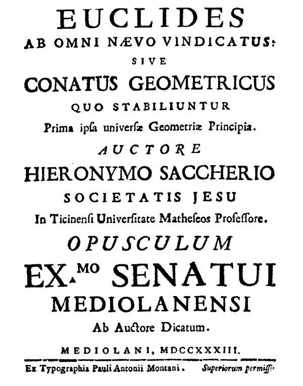 The frontispiece of Giovanni Saccheri's "Euclides ab omni nævo vindicatus" (1733).