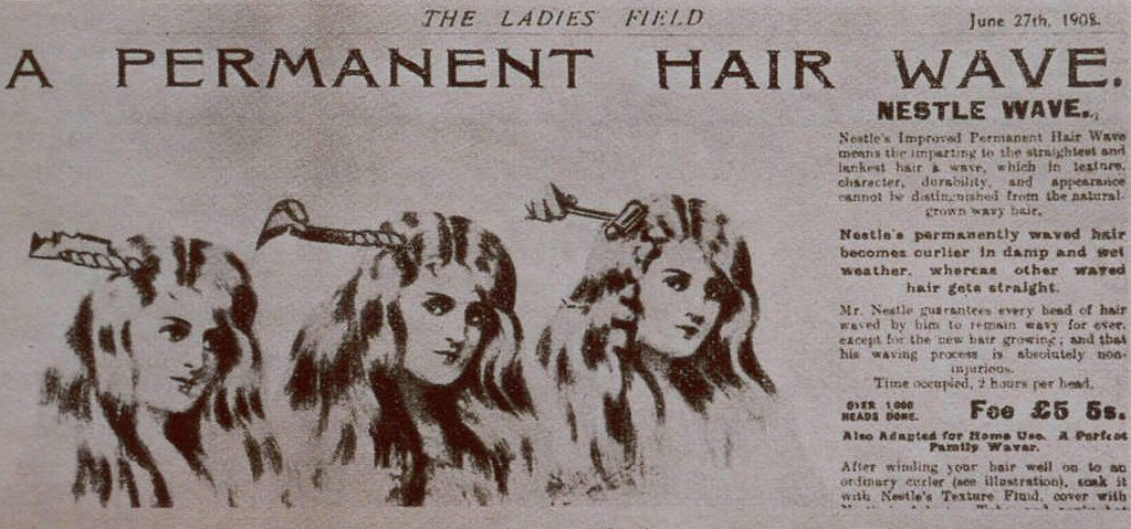 Advertisement for Nesslers permanent hair wave, from 'The Ladies Field'
